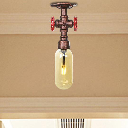 One Light Capsule Semi Flush Industrial Weathered Copper Amber Glass Light Fixture with Pipe Design