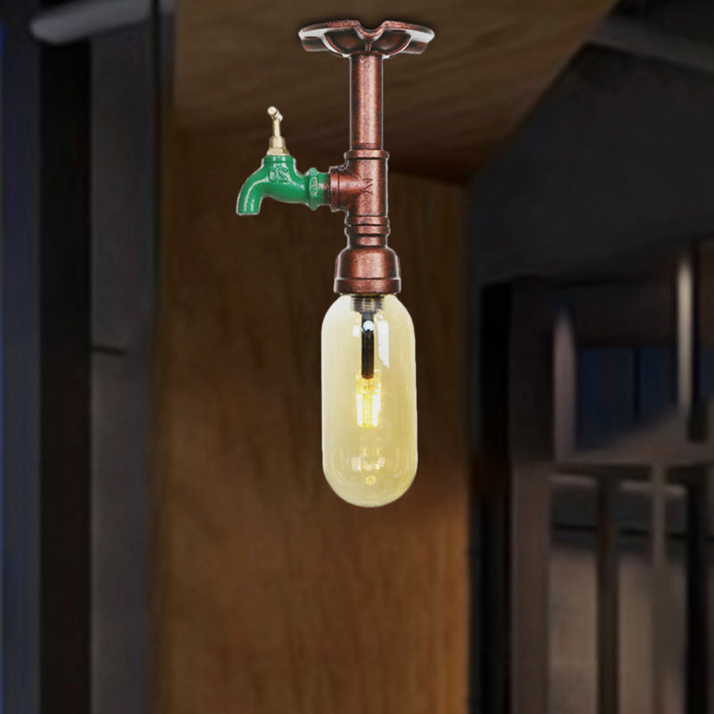 One Light Capsule Semi Flush Industrial Weathered Copper Amber Glass Light Fixture with Pipe Design