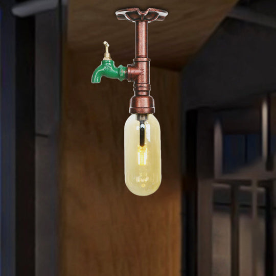 One Light Capsule Semi Flush Industrial Weathered Copper Amber Glass Light Fixture with Pipe Design