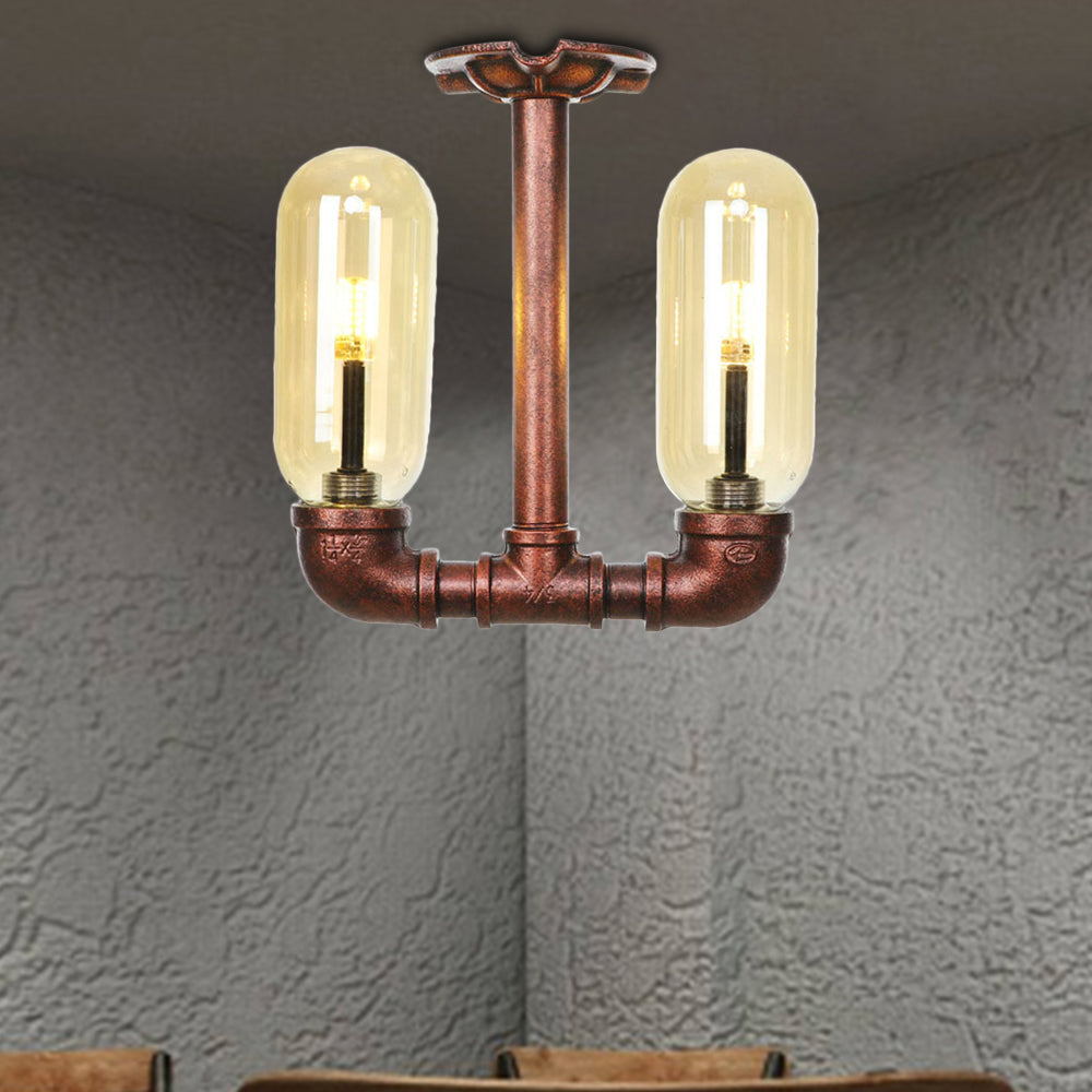 Amber Glass Semi Flush Industrial Dining Room Light Fixture in Weathered Copper - Capsule Shade, 2-Bulb