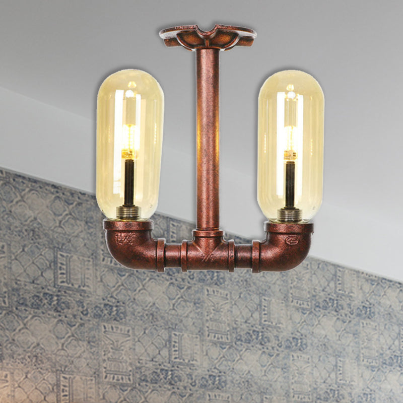 Amber Glass Semi Flush Industrial Dining Room Light Fixture In Weathered Copper - Capsule Shade