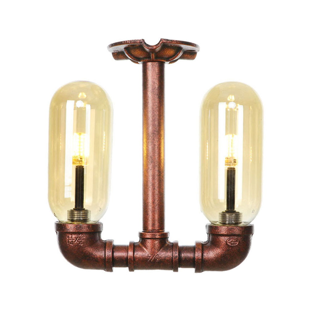 Amber Glass Semi Flush Industrial Dining Room Light Fixture in Weathered Copper - Capsule Shade, 2-Bulb