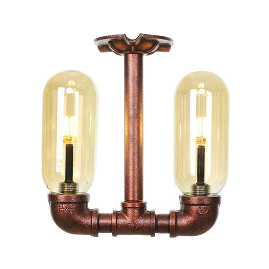 Amber Glass Semi Flush Industrial Dining Room Light Fixture In Weathered Copper - Capsule Shade