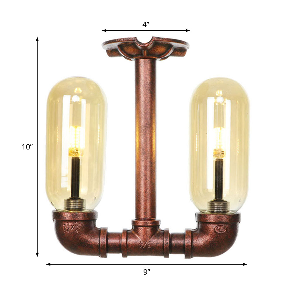 Amber Glass Semi Flush Industrial Dining Room Light Fixture In Weathered Copper - Capsule Shade