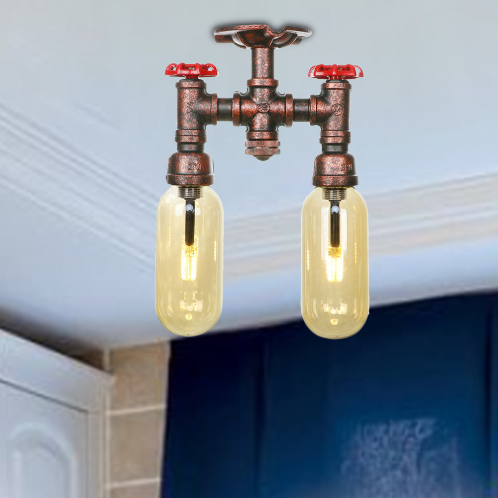 Amber Glass Semi Flush Industrial Dining Room Light Fixture in Weathered Copper - Capsule Shade, 2-Bulb