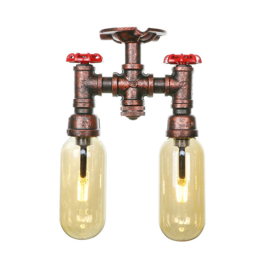 Amber Glass Semi Flush Industrial Dining Room Light Fixture In Weathered Copper - Capsule Shade