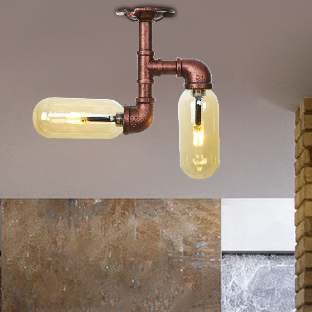 Amber Glass Semi Flush Industrial Dining Room Light Fixture In Weathered Copper - Capsule Shade