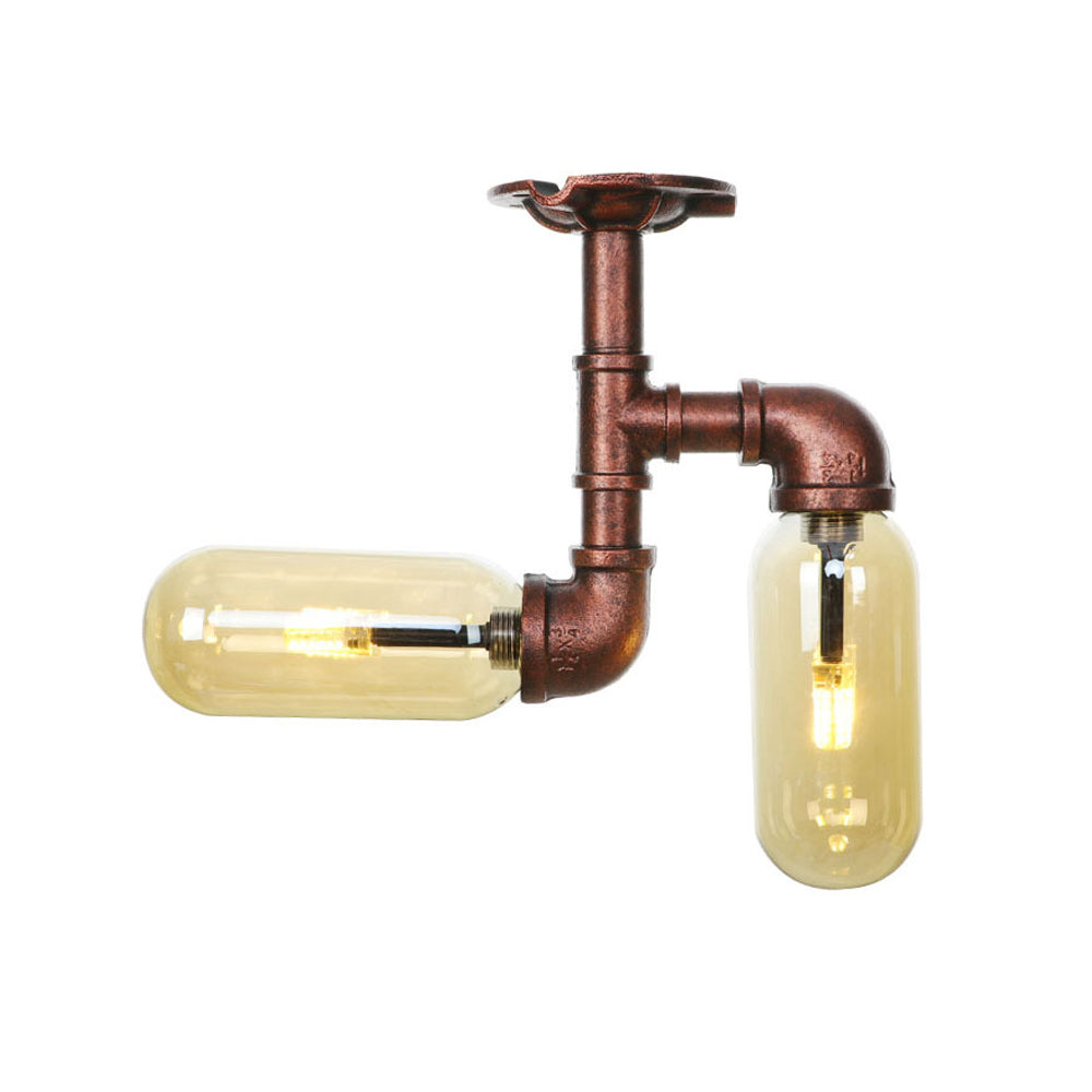 Amber Glass Semi Flush Industrial Dining Room Light Fixture In Weathered Copper - Capsule Shade