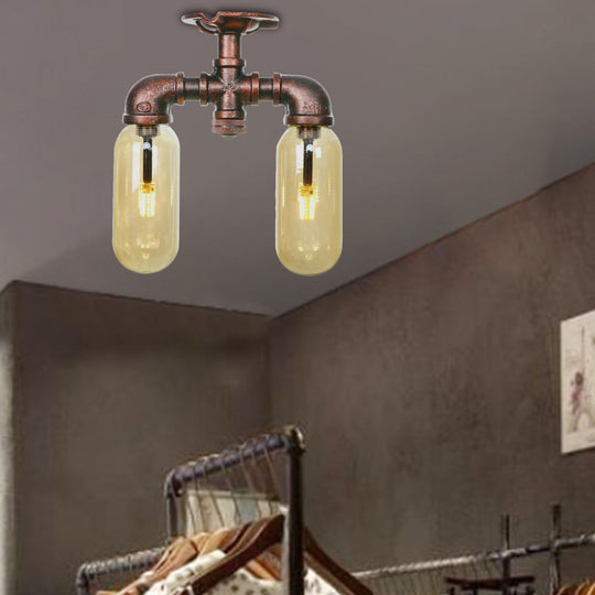 Amber Glass Semi Flush Industrial Dining Room Light Fixture in Weathered Copper - Capsule Shade, 2-Bulb