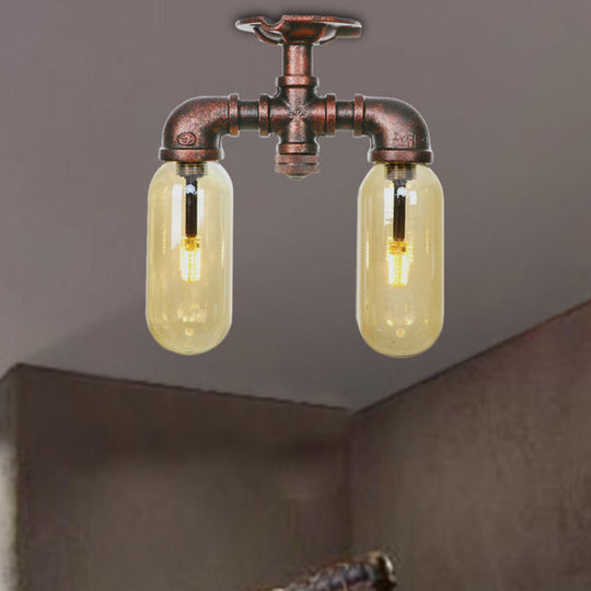 Amber Glass Semi Flush Industrial Dining Room Light Fixture in Weathered Copper - Capsule Shade, 2-Bulb