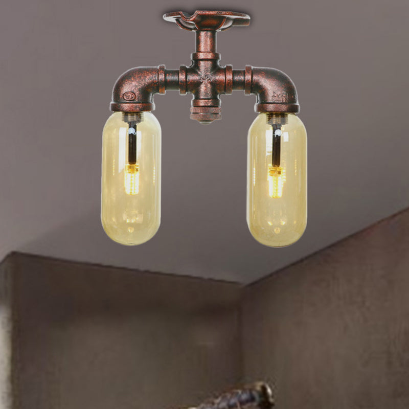 Amber Glass Semi Flush Industrial Dining Room Light Fixture In Weathered Copper - Capsule Shade