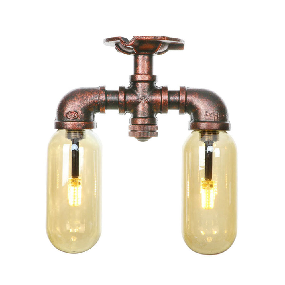 Amber Glass Semi Flush Industrial Dining Room Light Fixture in Weathered Copper - Capsule Shade, 2-Bulb