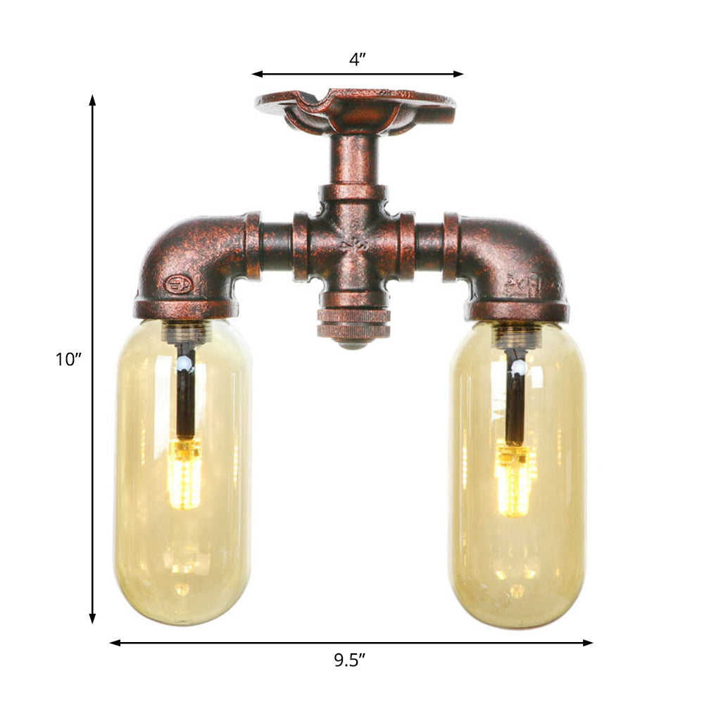 Amber Glass Semi Flush Industrial Dining Room Light Fixture In Weathered Copper - Capsule Shade