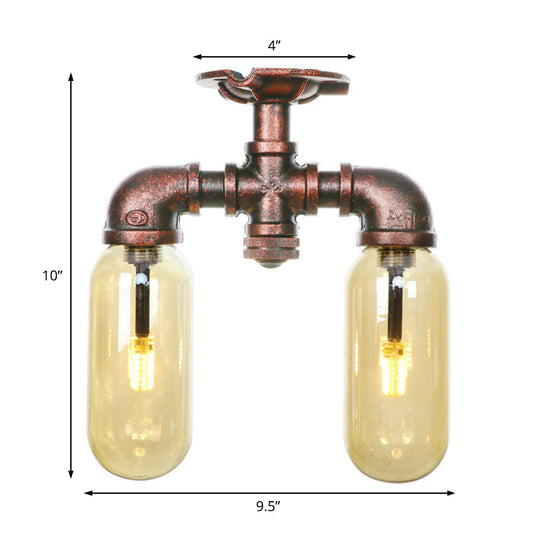 Amber Glass Semi Flush Industrial Dining Room Light Fixture In Weathered Copper - Capsule Shade