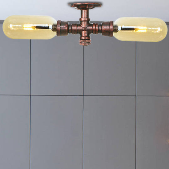 Rustic 2-Bulb Kitchen Ceiling Light with Amber Glass Shade and Weathered Copper Pipe Design