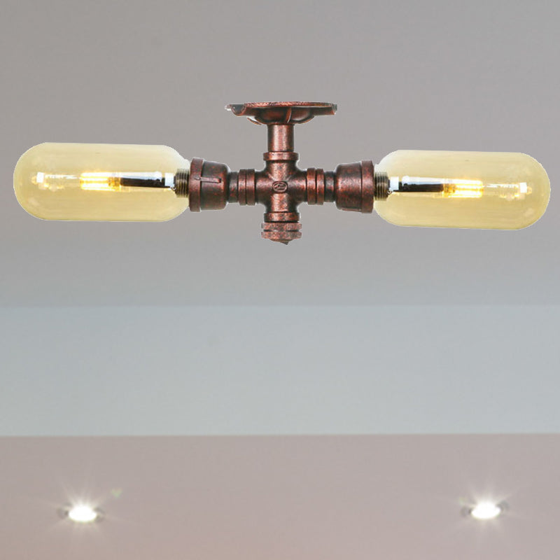 Rustic 2-Bulb Kitchen Ceiling Light with Amber Glass Shade and Weathered Copper Pipe Design