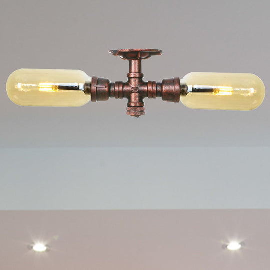 Rustic 2-Bulb Kitchen Ceiling Light With Amber Glass Shade And Weathered Copper Pipe Design