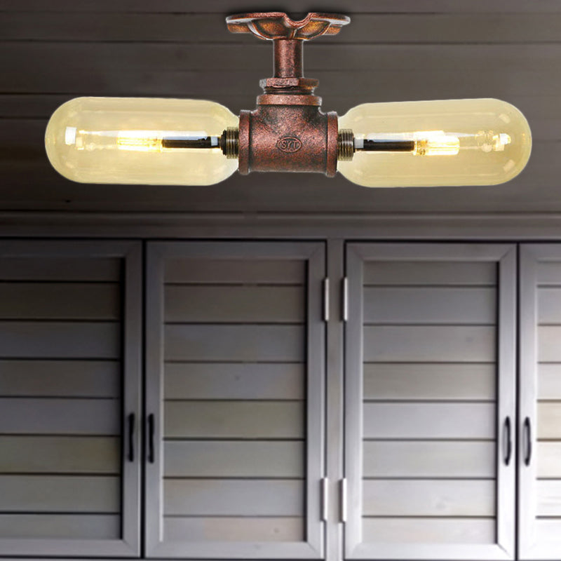 Rustic 2-Bulb Kitchen Ceiling Light with Amber Glass Shade and Weathered Copper Pipe Design