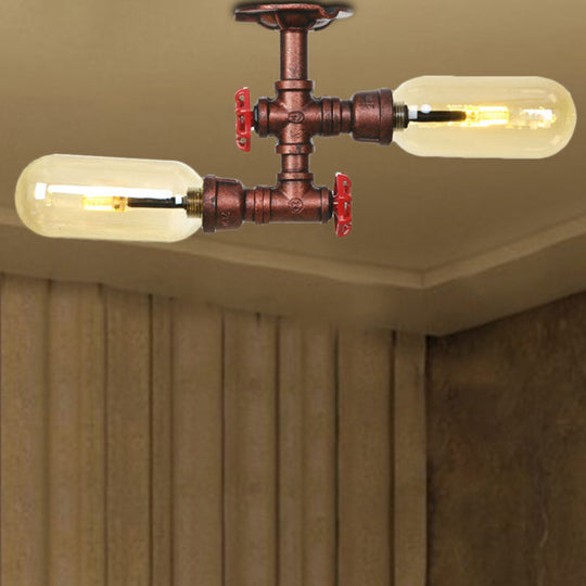 Rustic 2-Bulb Kitchen Ceiling Light with Amber Glass Shade and Weathered Copper Pipe Design