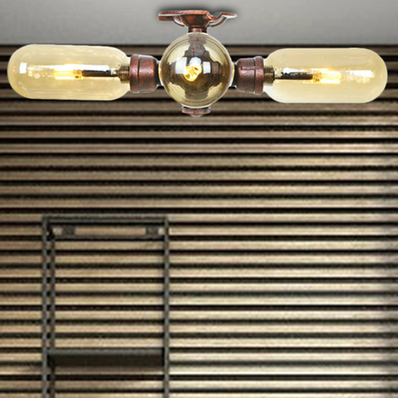 Industrial Style Amber Glass Semi Flush Mount Ceiling Light with Weathered Copper Finish - 3/4/5 Lights