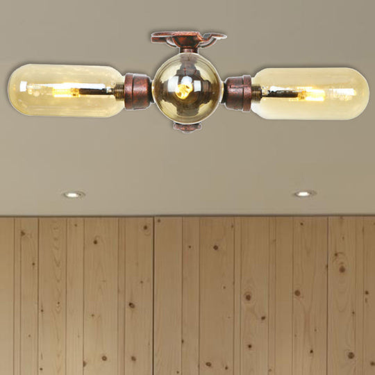 Industrial Style Amber Glass Semi Flush Mount Ceiling Light with Weathered Copper Finish - 3/4/5 Lights