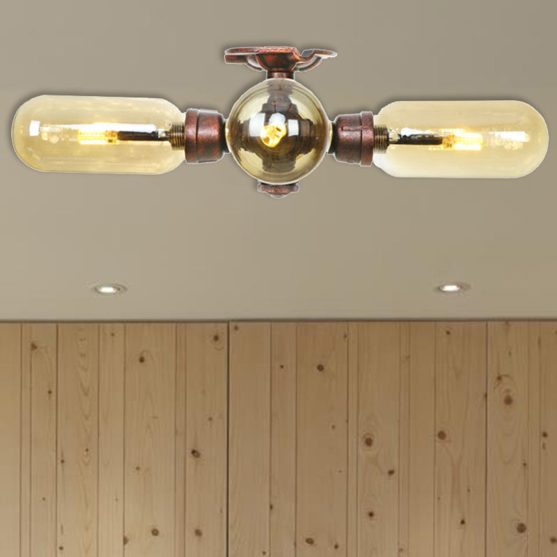 Industrial Style Amber Glass Semi Flush Mount Ceiling Light With Weathered Copper Finish - 3/4/5