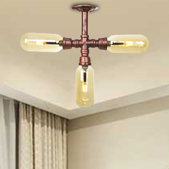 Industrial Style Amber Glass Semi Flush Mount Ceiling Light with Weathered Copper Finish - 3/4/5 Lights