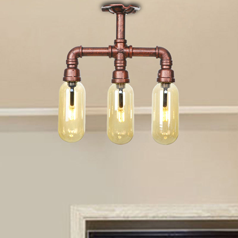 Industrial Style Amber Glass Semi Flush Mount Ceiling Light with Weathered Copper Finish - 3/4/5 Lights