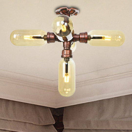 Industrial Style Amber Glass Semi Flush Mount Ceiling Light with Weathered Copper Finish - 3/4/5 Lights