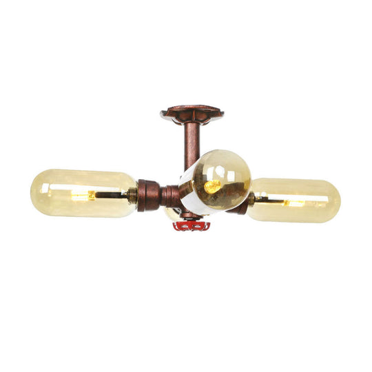 Evelyn's Antique Copper 4/6 Lights Ceiling Mount Rustic Style Amber Glass Sputnik Semi Flush Light.