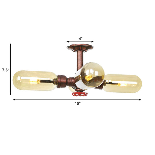 Evelyn's Antique Copper 4/6 Lights Ceiling Mount Rustic Style Amber Glass Sputnik Semi Flush Light.