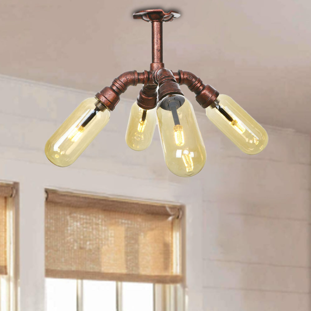 Rustic Amber Glass Sputnik Semi Flush Light - Antique Copper 4/6 Lights Ceiling Mount Weathered / A