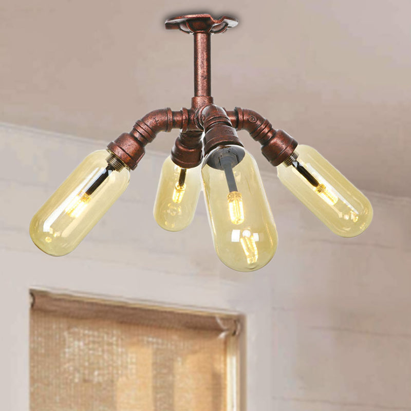 Evelyn's Antique Copper 4/6 Lights Ceiling Mount Rustic Style Amber Glass Sputnik Semi Flush Light.