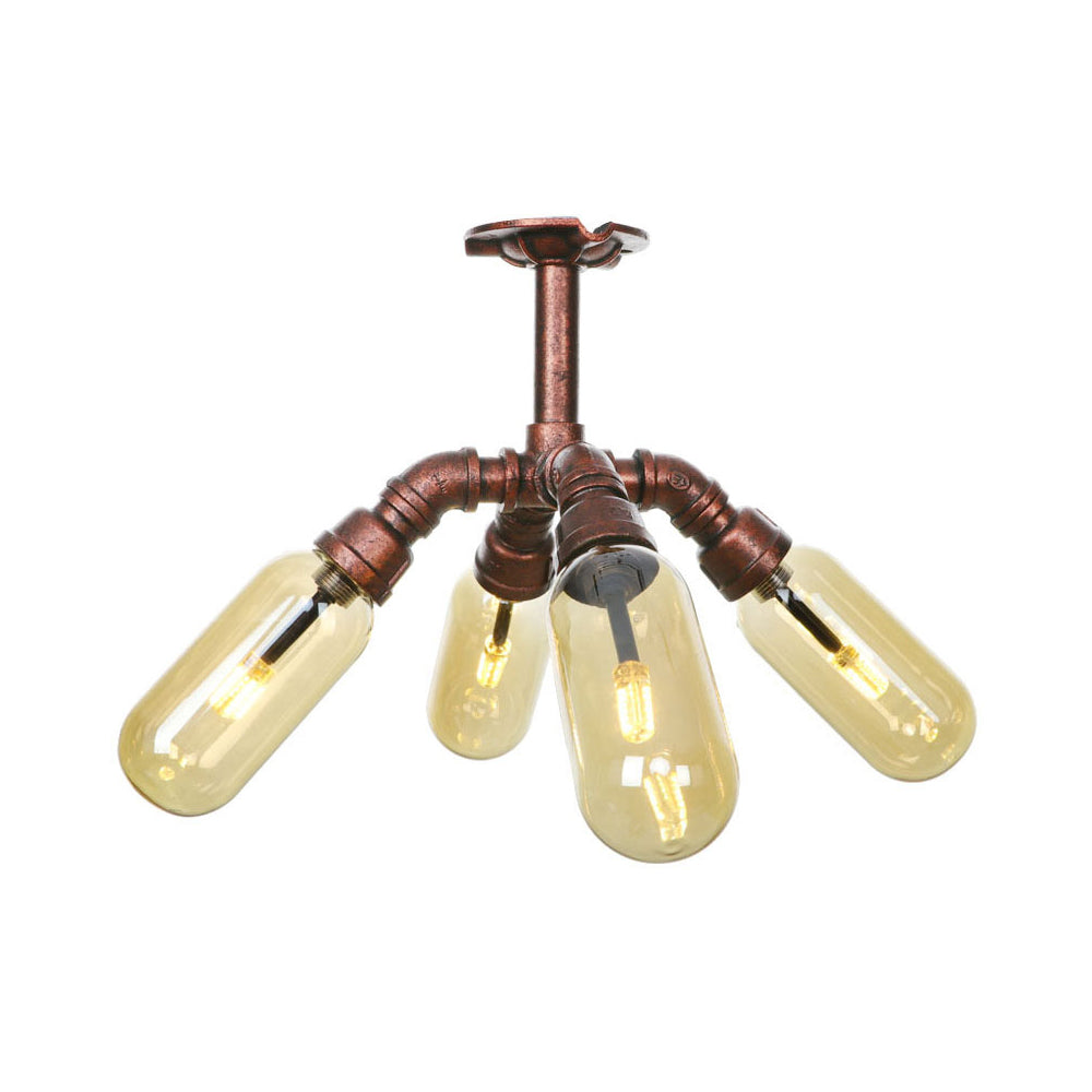 Rustic Amber Glass Sputnik Semi Flush Light - Antique Copper 4/6 Lights Ceiling Mount