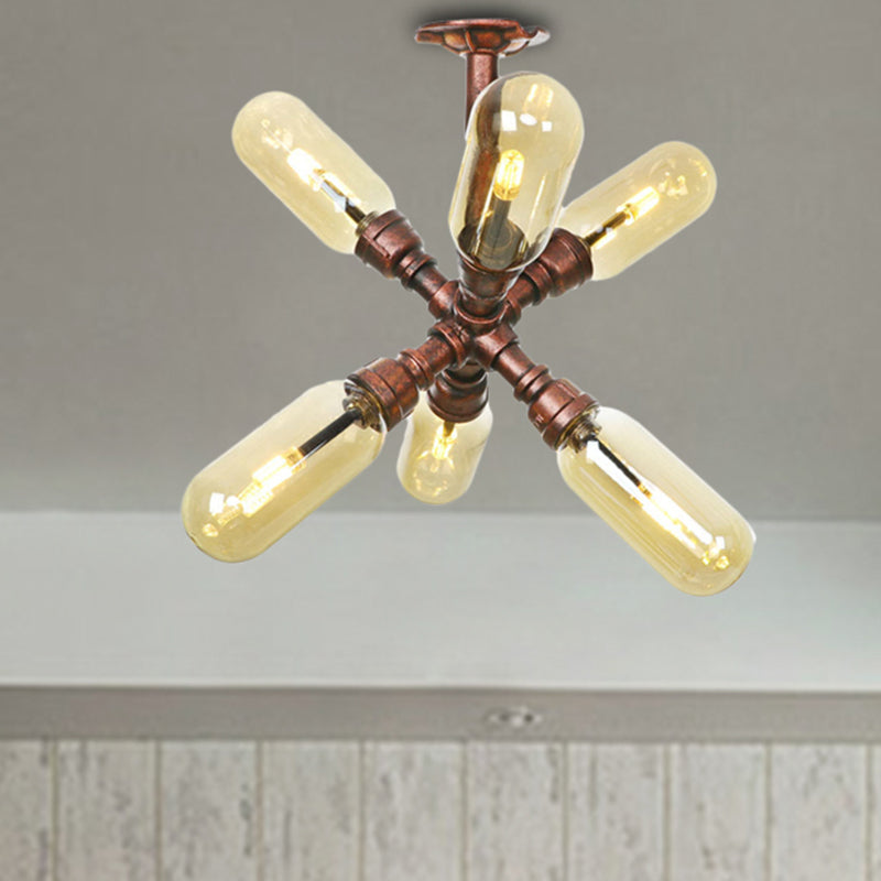 Evelyn's Antique Copper 4/6 Lights Ceiling Mount Rustic Style Amber Glass Sputnik Semi Flush Light.