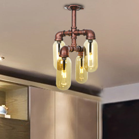 Evelyn's Antique Copper 4/6 Lights Ceiling Mount Rustic Style Amber Glass Sputnik Semi Flush Light.