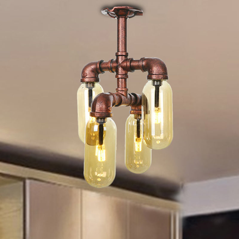 Evelyn's Antique Copper 4/6 Lights Ceiling Mount Rustic Style Amber Glass Sputnik Semi Flush Light.