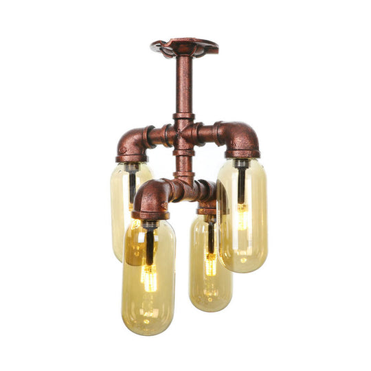 Evelyn's Antique Copper 4/6 Lights Ceiling Mount Rustic Style Amber Glass Sputnik Semi Flush Light.