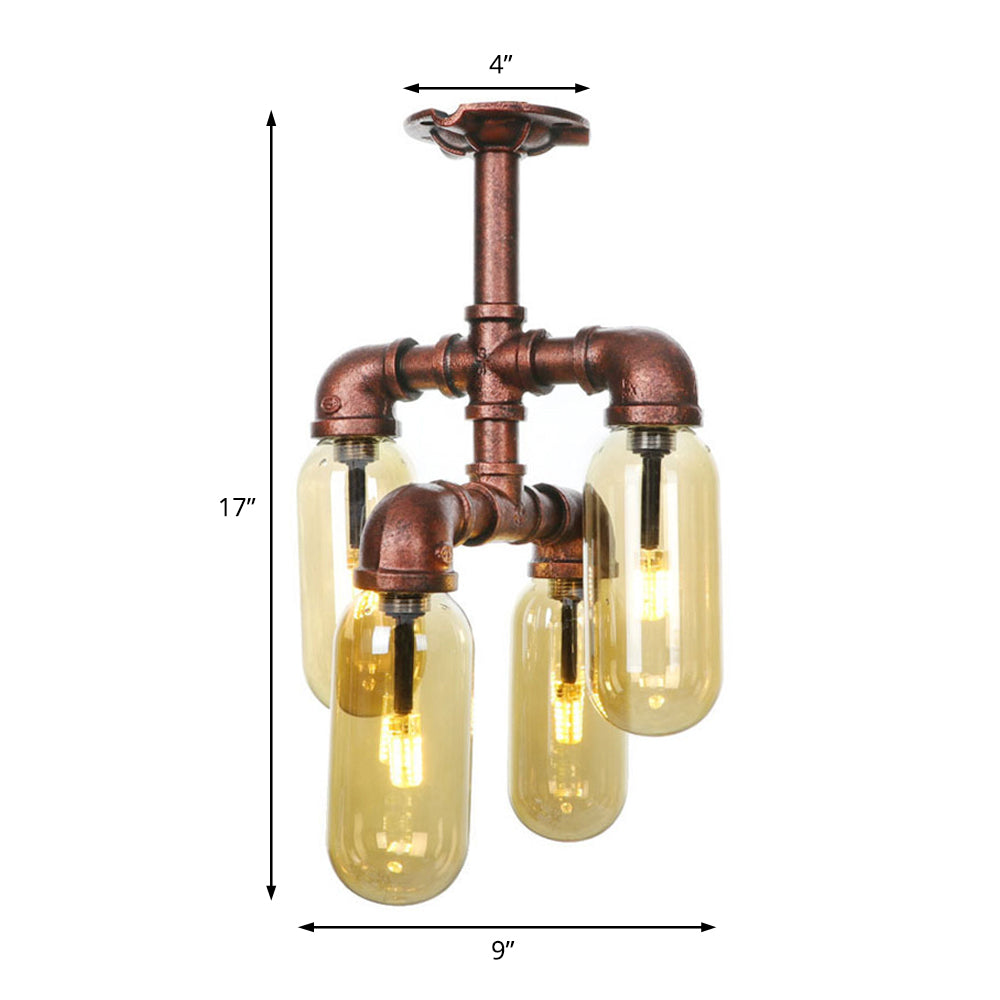 Evelyn's Antique Copper 4/6 Lights Ceiling Mount Rustic Style Amber Glass Sputnik Semi Flush Light.