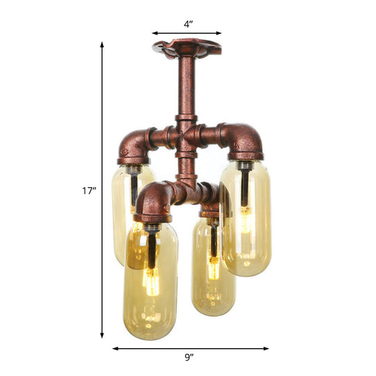 Evelyn's Antique Copper 4/6 Lights Ceiling Mount Rustic Style Amber Glass Sputnik Semi Flush Light.