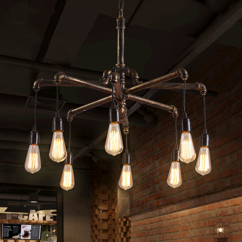 Rustic Aged Silver/Bronze Pipe Chandelier Lamp with Exposed Bulb - 6/8 Heads Indoor Hanging Light