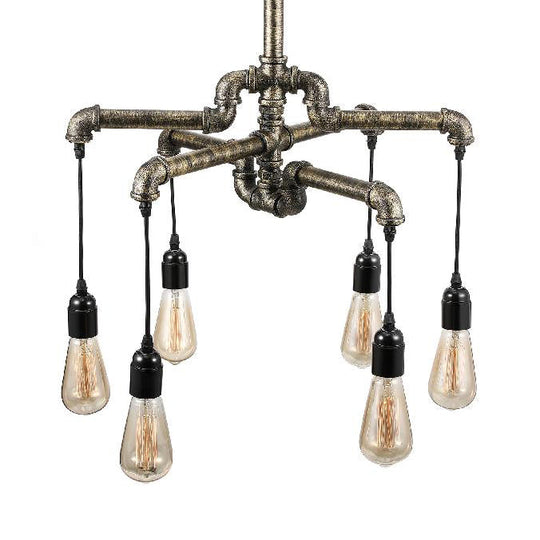 Rustic Aged Silver/Bronze Pipe Chandelier Lamp with Exposed Bulb - 6/8 Heads Indoor Hanging Light