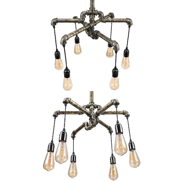 Rustic Aged Silver/Bronze Pipe Chandelier Lamp - Wrought Iron Exposed Bulb 6/8 Heads Indoor Hanging