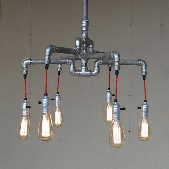 Rustic Aged Silver/Bronze Pipe Chandelier Lamp with Exposed Bulb - 6/8 Heads Indoor Hanging Light