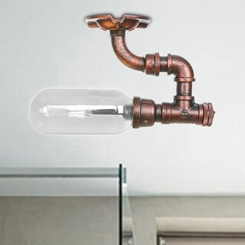 Industrial Bathroom Semi Flush Ceiling Light Fixture with Clear Glass Oval Shade in Weathered Copper and Pipe Design