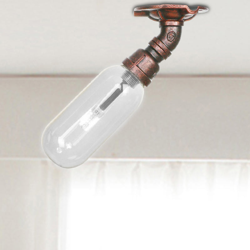 Industrial Bathroom Semi Flush Ceiling Light Fixture with Clear Glass Oval Shade in Weathered Copper and Pipe Design