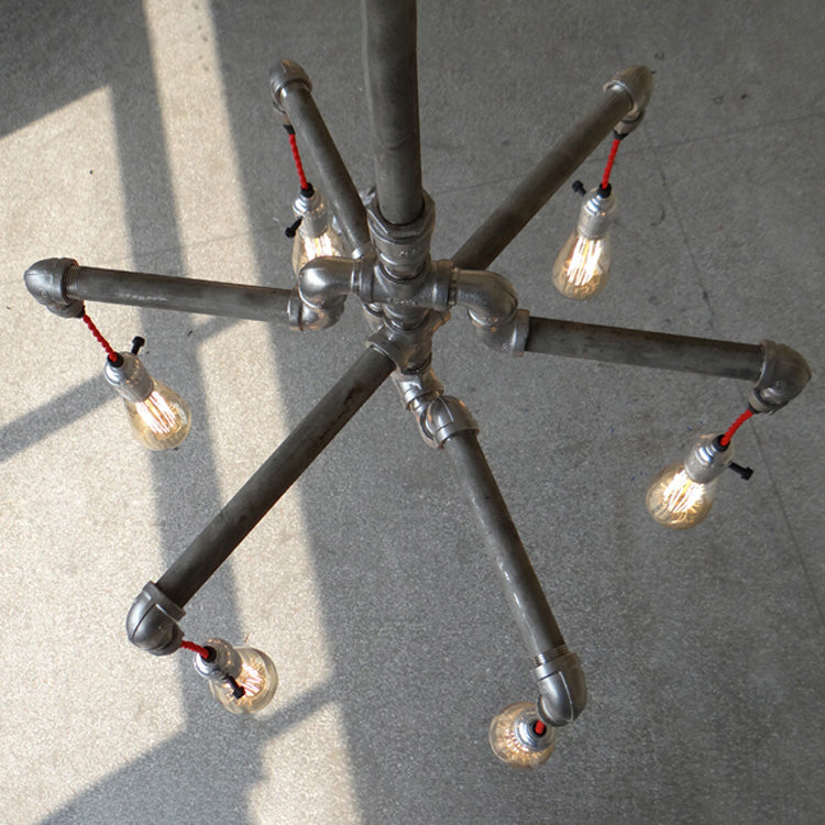 Rustic Aged Silver/Bronze Pipe Chandelier Lamp with Exposed Bulb - 6/8 Heads Indoor Hanging Light