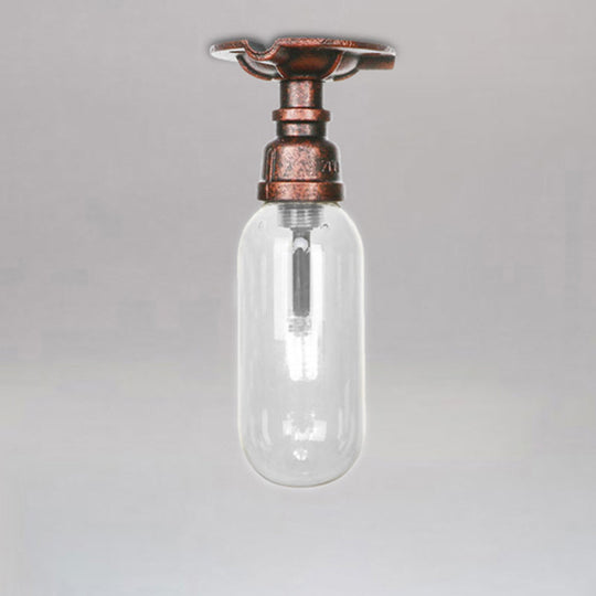 Industrial Bathroom Semi Flush Ceiling Light Fixture with Clear Glass Oval Shade in Weathered Copper and Pipe Design