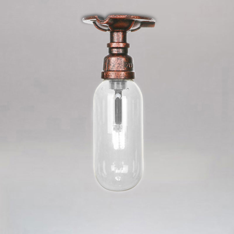 Industrial Bathroom Semi Flush Ceiling Light Fixture With Clear Glass Oval Shade In Weathered Copper