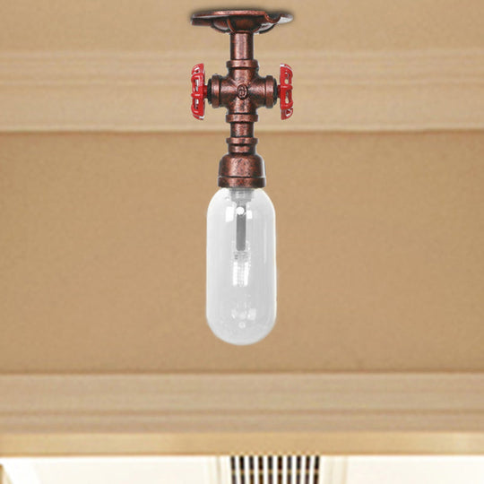 Industrial Bathroom Semi Flush Ceiling Light Fixture with Clear Glass Oval Shade in Weathered Copper and Pipe Design